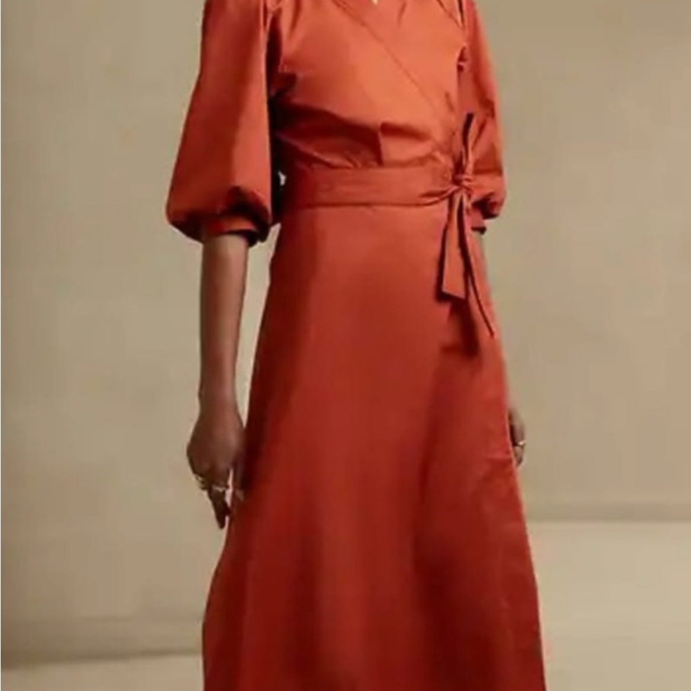 Banana Republic Orange Wrap Dress Puff Sleeves V-Neck